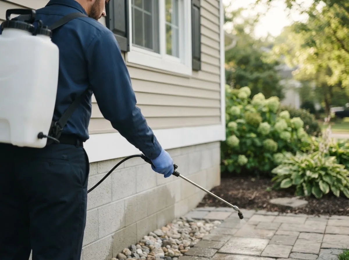 Pest control technician inspecting a home in Gans, OK